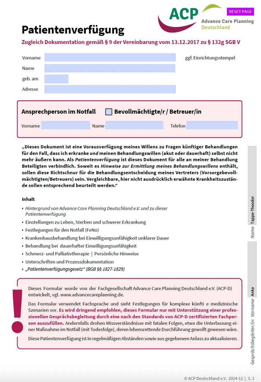 Erste Seite des Patientenverfügungs-Formulars von Advance Care Planning Deutschland mit Inhaltsverzeichnis