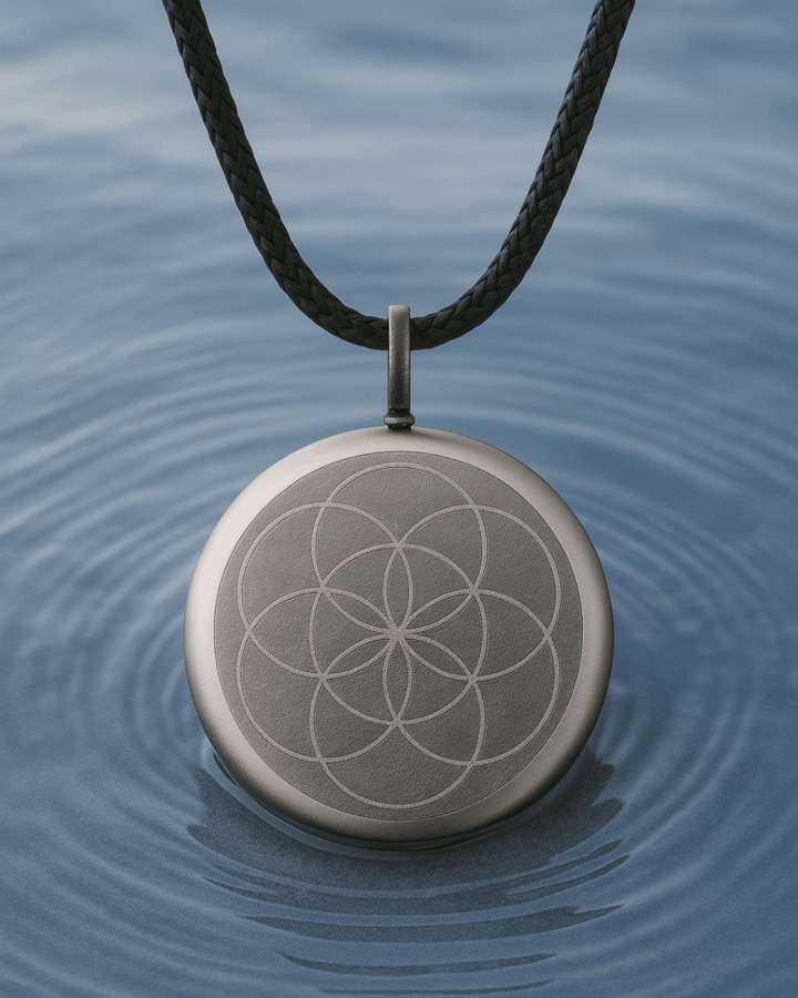 The One Device: ein rundes Anhänger-Gerät aus Titan mit eingravierter Blume des Lebens an einem geflochtenen Band